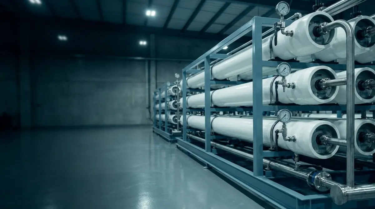 Close view of RO vessel ends with stainless pipework and gauges