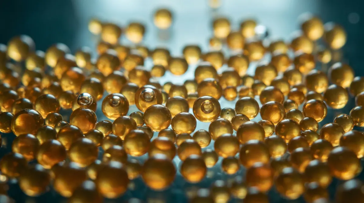 Amber ion exchange resin beads in water