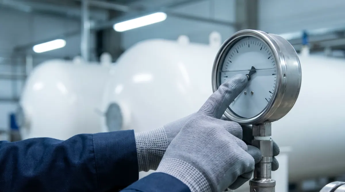A technician's gloved hand checking a pressure gauge on RO pipework