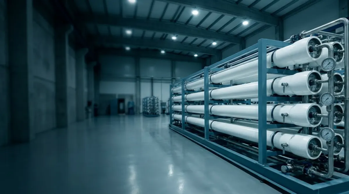 Rows of white RO pressure vessels on a steel skid in a plant hall